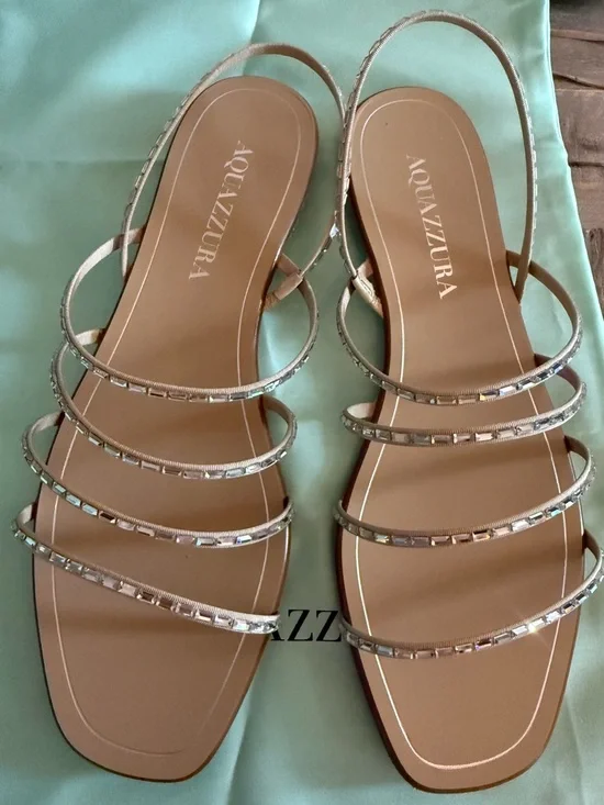 Aquazzura Tan Crystal-Strap Square Toe Flat Sandals - Picture 2 of 10